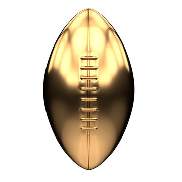Golden American football and Rugby Ball Illustration. Front view. Sport equipment. Symbol of Cup or Trophy. 3D render Illustration Isolated on white background.