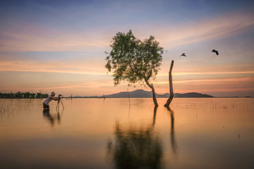 Fototapeta na wymiar Photographer taking shot wildlife in lake at sunset