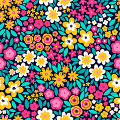 Vector seamless pattern with flat flowers and leaves. Cute floral background for your design. Bright colors - pink, yellow, green elements on black background.