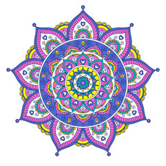 Vector hand drawn doodle mandala with hearts. Ethnic mandala with colorful ornament. Isolated. Tribal ornament. Pink, blue, yellow, white colors. - 135149612