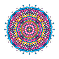 Vector hand drawn doodle mandala with hearts. Ethnic mandala with colorful ornament. Isolated. Tribal ornament. Blue, pink, yellow, white mandala.