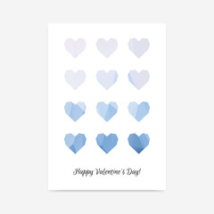 Minimalistic Valentines Day vector poster background with ice blue polygonal hearts