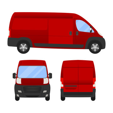 Delivery Van - Layout For Presentation - Vector Template.isolated On White Background, Red Van Vehicle Template Back Front Side View