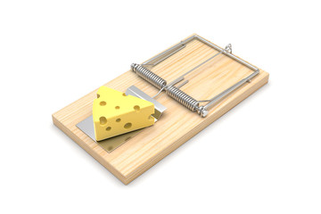 Mousetrap with cheese, isolated on white. 3D illustration