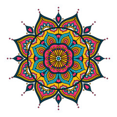 Vector hand drawn doodle mandala. Ethnic mandala with colorful tribal ornament. Isolated. On white background. - 135151249