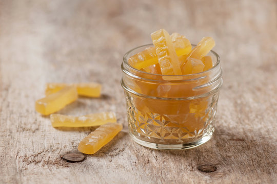 Homemade Sweet Ginger Candy Pieces In A Jar. Healthy Eating.