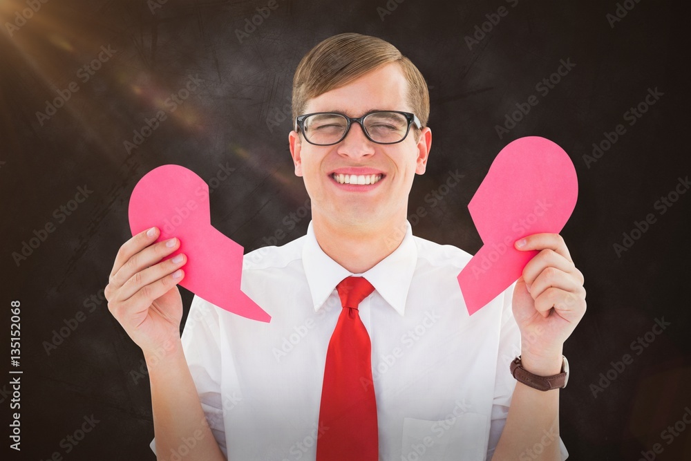 Poster composite image of geeky hipster holding a broken heart card