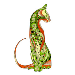 Stylized colorful doodle cat. Hand drawn cartoon animal illustration, coloring book page. Decorative ornate for T-shirt emblem, logo or tattoo. Zen art, isolated design element