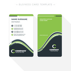 Vertical Double-sided Business Card Template with Abstract Green and Black Waves Background. Vector Illustration. Stationery Design