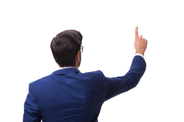 Fototapeta premium Young businessman pressing virtual buttons isolated on white