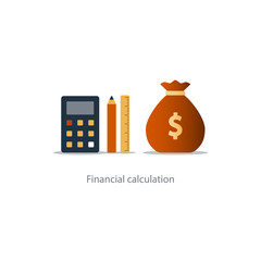 Budget money count, financial calculator, pencil and ruler, fund use