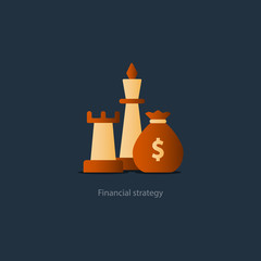 Business strategy icon, budget management, investment plan, money bag