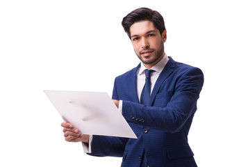 Businessman working on tablet isolated on the white background