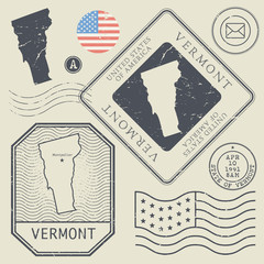 Retro vintage postage stamps set Vermont, United States