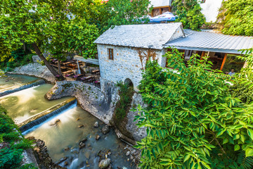 July 11, 2016: A picturesque restaurant in the old town of Mostar