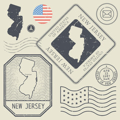 Retro vintage postage stamps set New Jersey, United States