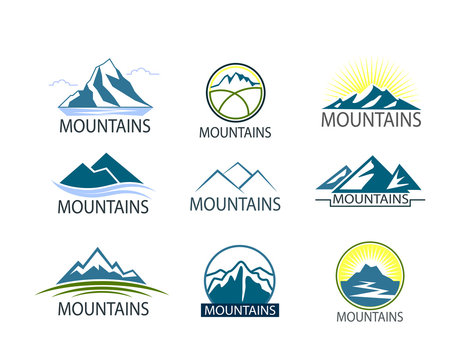 Set of Mountains logo, Icon in color. Climbing label, hiking travel and adventure