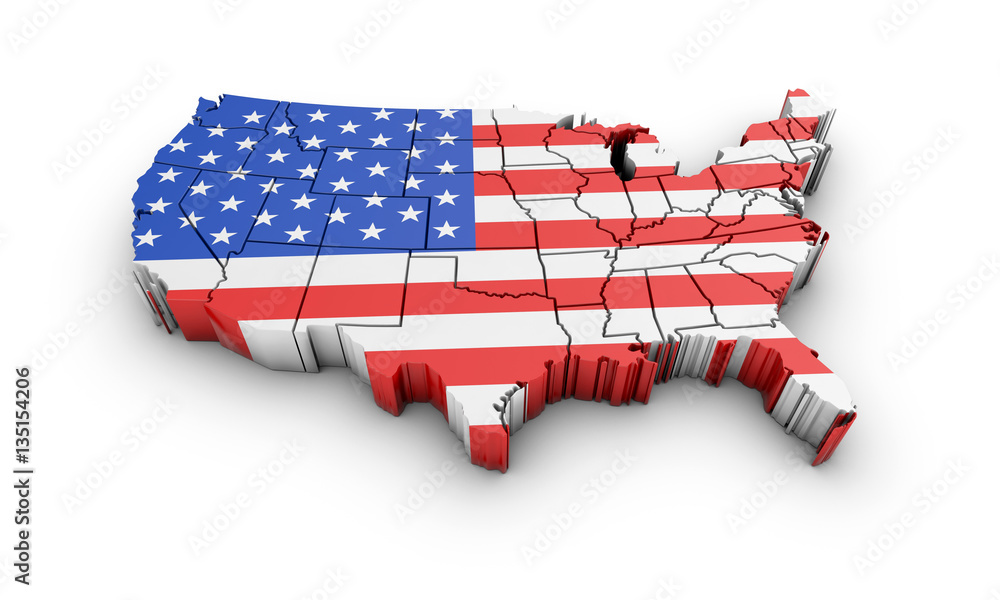 Poster usa map with flag and shadow on white background. 3d rendering.