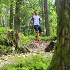Läufer joggt im Wald auf einem Pfad abwärts
