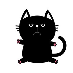 Black cat icon. Cute funny cartoon cranky character. Kawaii animal. Big tail, whisker, eyes. Sad emotion. Kitty kitten Baby pet collection. White background. Isolated. Flat design.