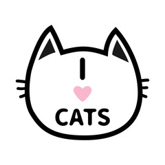 I love cats heart Text lettering. Black cat head face contour silhouette icon. Line pictogram. Cute funny cartoon character. Kitty kitten whisker Baby pet White background. Isolated. Flat design.