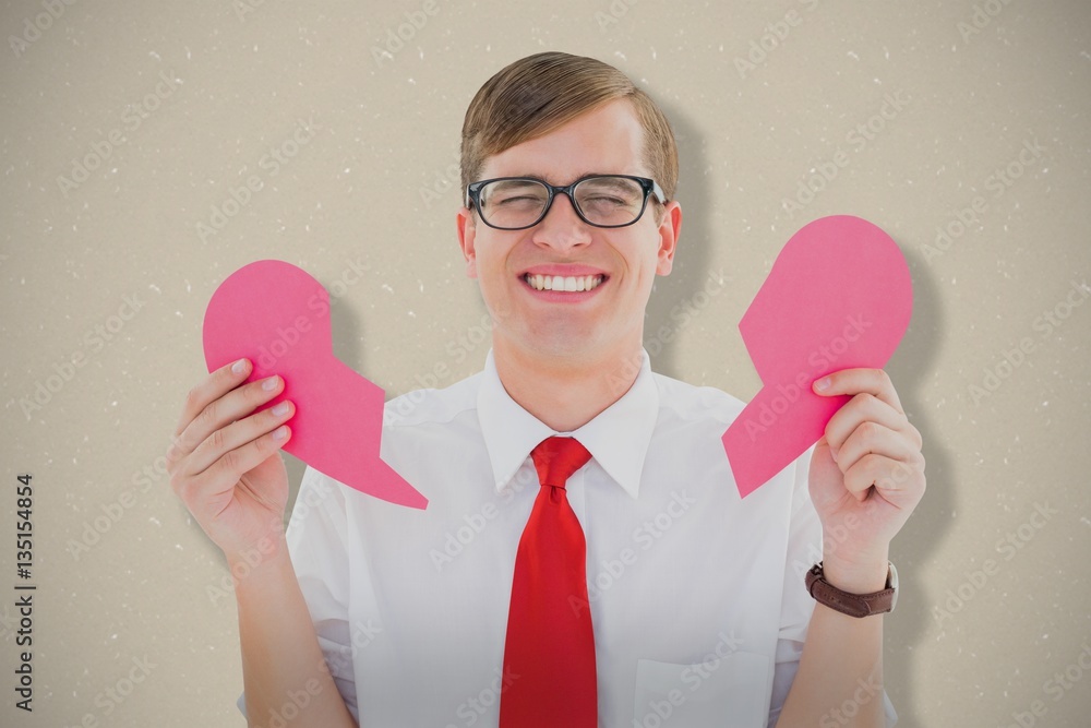 Poster composite image of geeky hipster holding a broken heart card