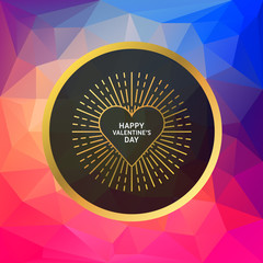 Romantic golden minimal logo in circle frame. Happy Valentines Day. Vintage Design Element on geometric color background