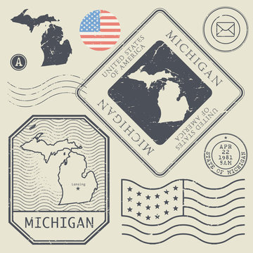 Retro vintage postage stamps set Michigan, United States