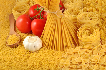 Italian pasta, ripe tomatoes branch and garlic