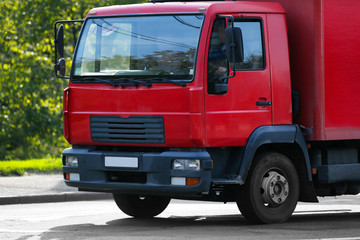 Front of red American cargo truck