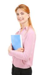 Naklejka premium Young teacher on white background