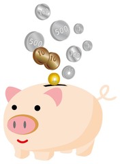 ブタの貯金箱と小銭