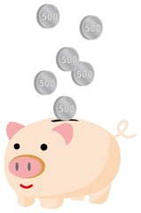 ブタの貯金箱と500円硬貨