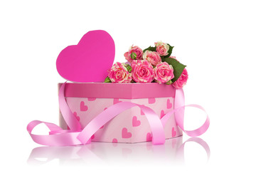 Gift box, flowers and greeting card on white background