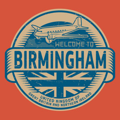 Stamp or tag with airplane text Welcome to Birmingham, UK