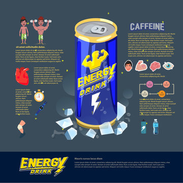 Enery Drink Can With Benefits. Power Drink Infographic. Typograp