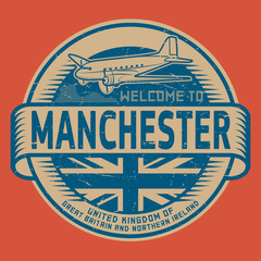 Obraz premium Stamp or tag with airplane text Welcome to Manchester, UK