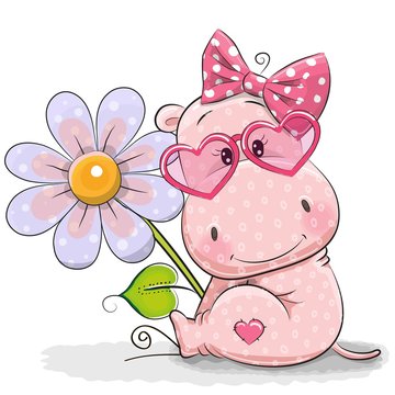 Greeting card Hippo with flower