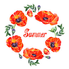 Wildflower poppy flower wreath in watercolor style isolated. Summer lettering.