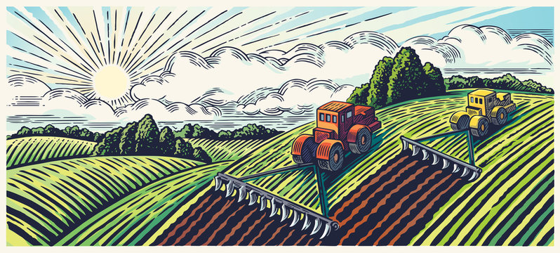 Spring rural landscape with two tractors in a graphic style, hand-drawn vector illustration.
