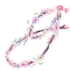 Capital letter G of watercolor pink and purple flowers, isolated hand drawn on a white background, wedding design, english alphabet for the festive and wedding decor and cards