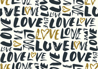 Seamless pattern with love words, hearts.