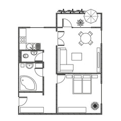 Grundriss mit Möbeln einer Zwei-Zimmer-Wohnung mit Balkon. Modernes Interieur als Draufsicht. 