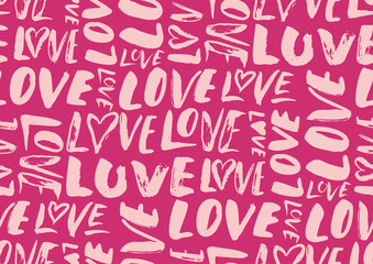 Seamless pattern with love words, hearts.