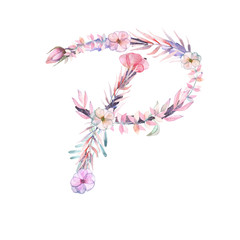 Capital letter P of watercolor pink and purple flowers, isolated hand drawn on a white background, wedding design, english alphabet for the festive and wedding decor and cards