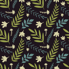 Seamless pattern with hand-draw branches and flowers. Trendy colors. Vector illustration.