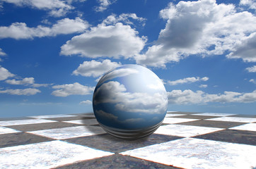 Kugel auf der Oberfläche auf Himmelshintergrund. Surreales Konzept © PumpedVisuals