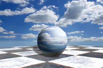 Kugel auf der Oberfläche auf Himmelshintergrund. Surreales Konzept © PumpedVisuals