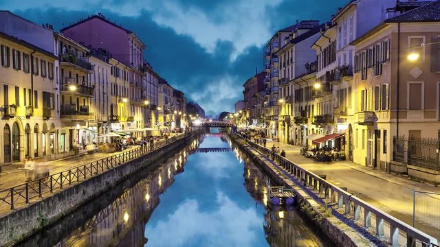 Naviglio Grande canal in the evening, Milan, Italy (static image with animated sky and water)
