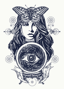 Magic woman tattoo art. Fortune teller, crystal ball